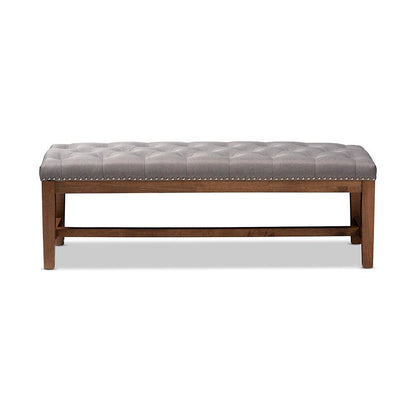 Grey Fabric Upholstered Walnut Finished Solid Rubberwood Bench
