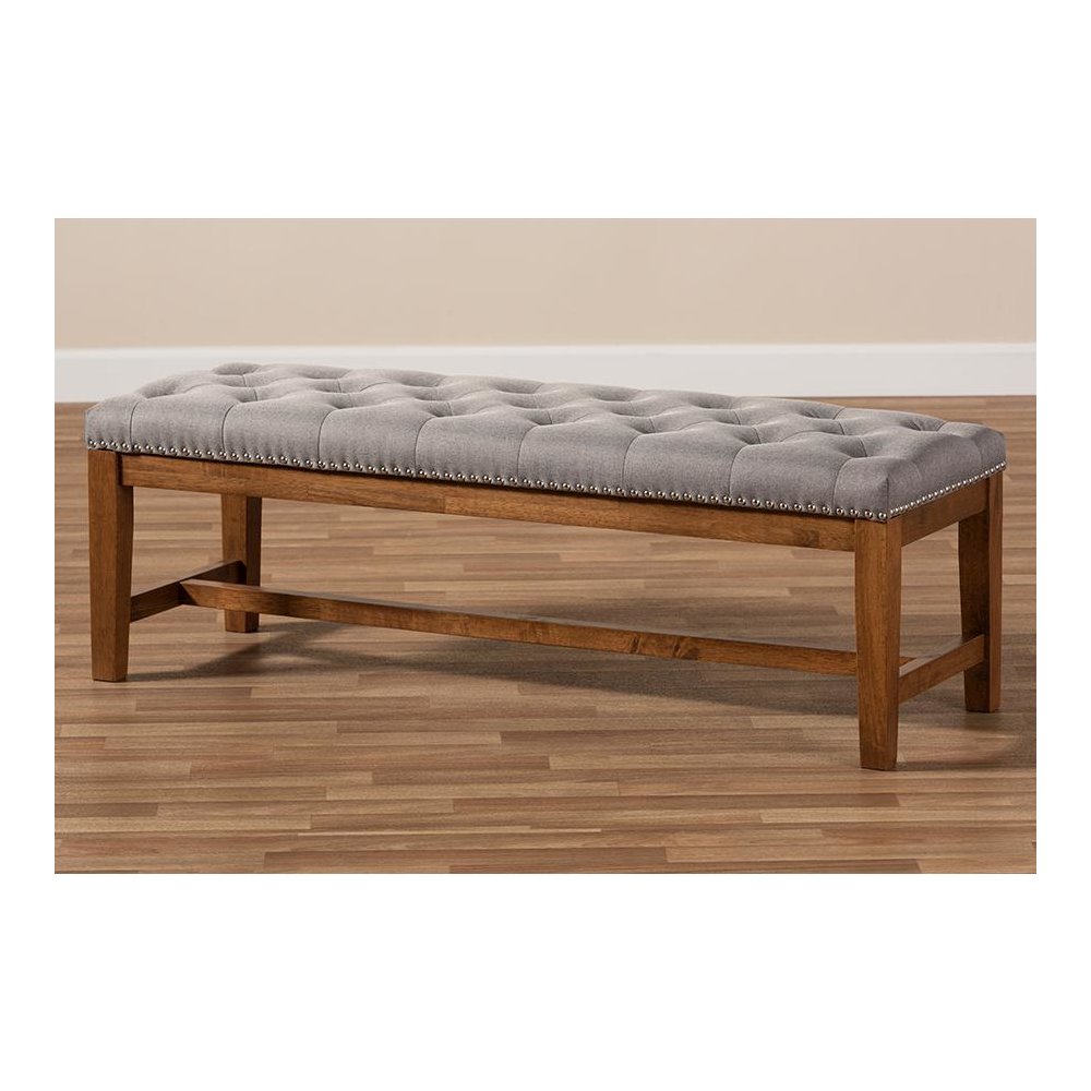 Grey Fabric Upholstered Walnut Finished Solid Rubberwood Bench