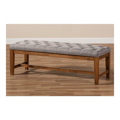 Grey Fabric Upholstered Walnut Finished Solid Rubberwood Bench