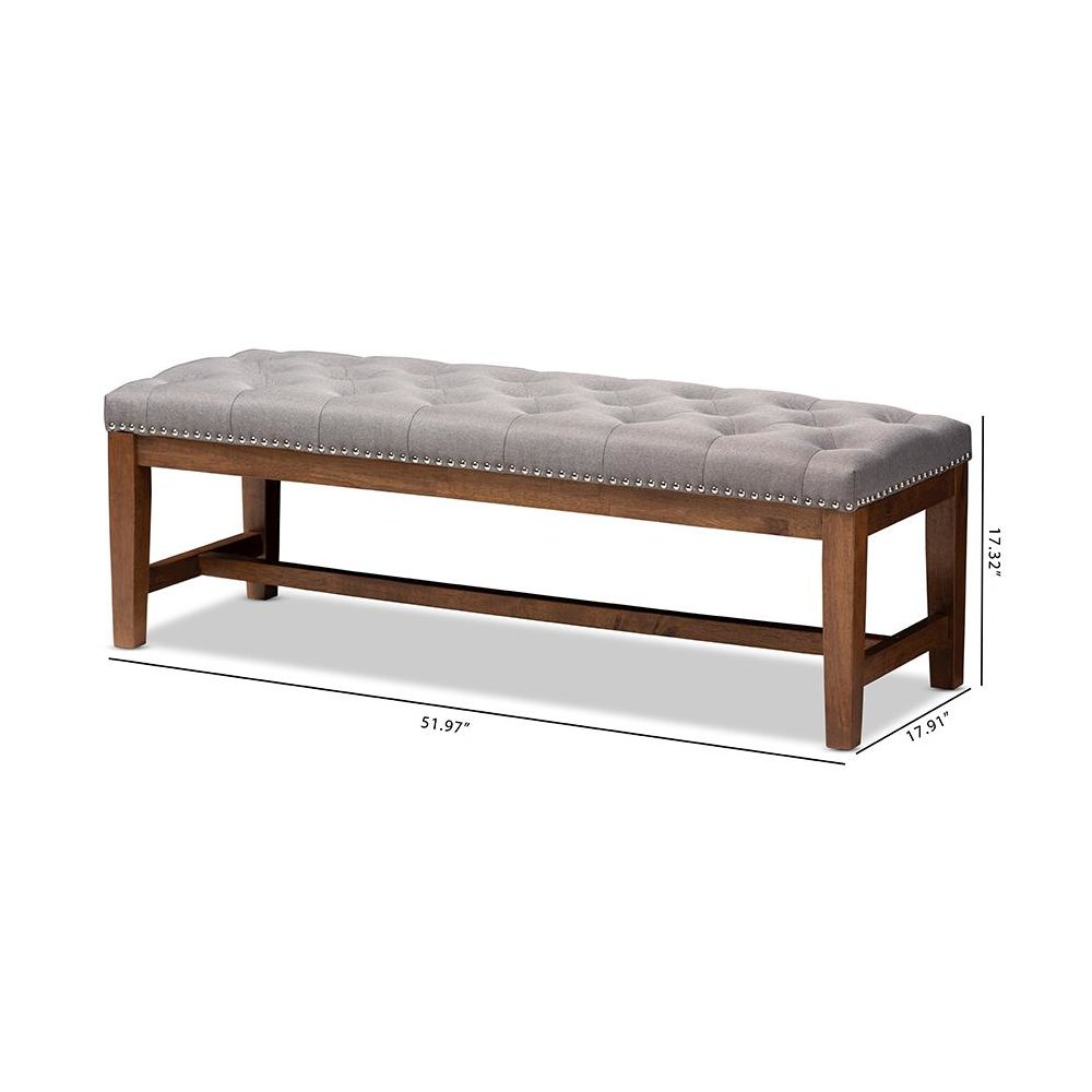 Grey Fabric Upholstered Walnut Finished Solid Rubberwood Bench