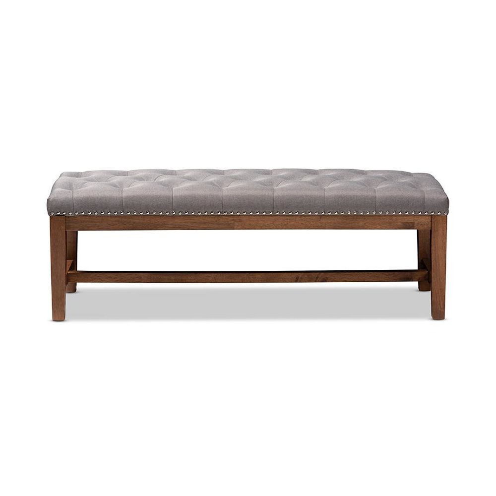 Grey Fabric Upholstered Walnut Finished Solid Rubberwood Bench
