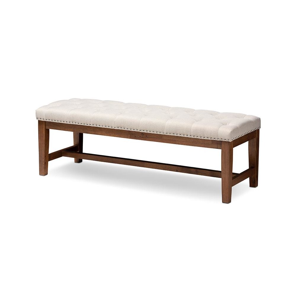 Light Beige Fabric Upholstered Walnut Finished Solid Rubberwood Bench