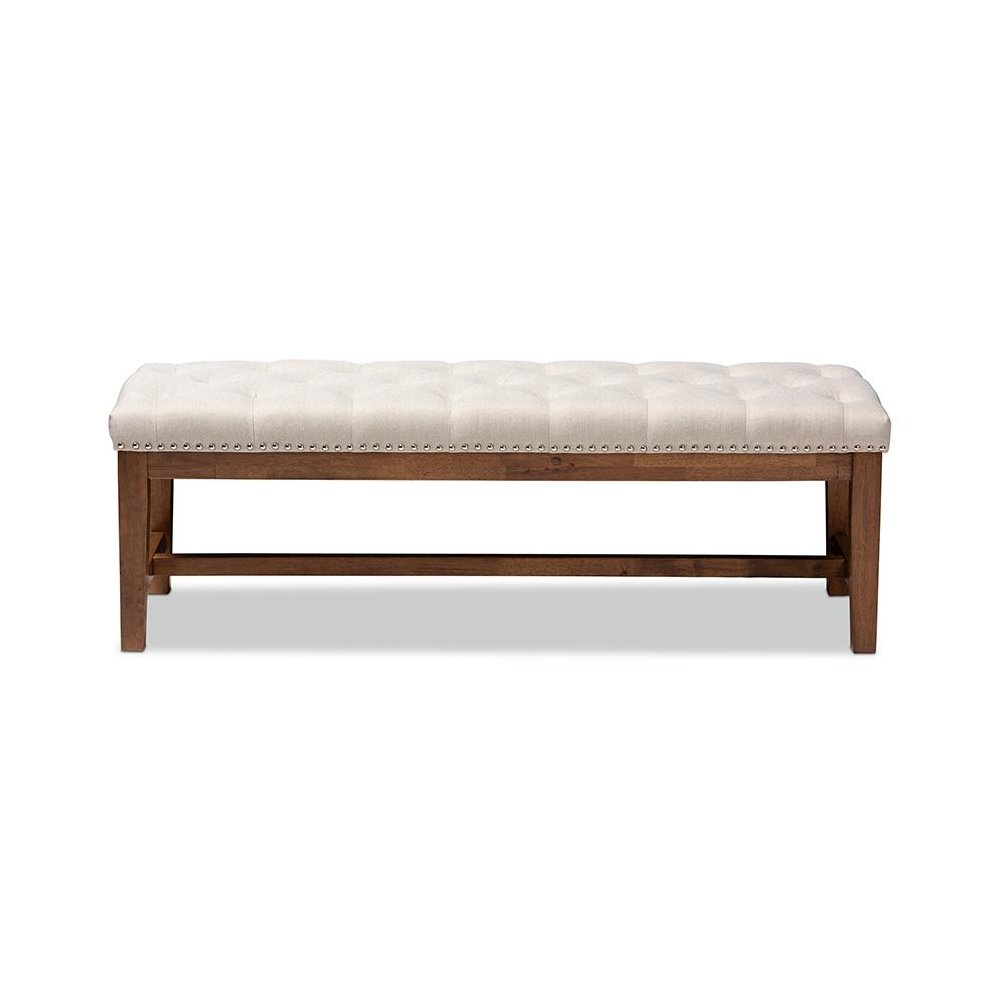 Light Beige Fabric Upholstered Walnut Finished Solid Rubberwood Bench