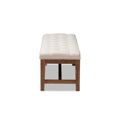 Light Beige Fabric Upholstered Walnut Finished Solid Rubberwood Bench