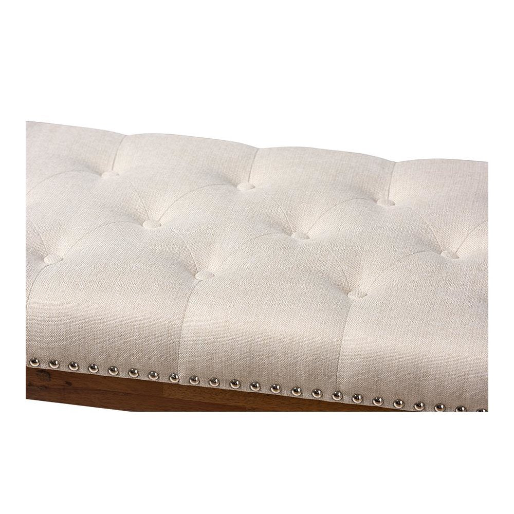 Light Beige Fabric Upholstered Walnut Finished Solid Rubberwood Bench