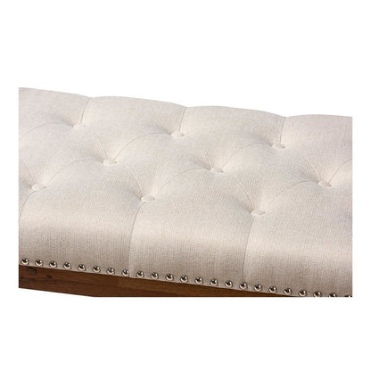 Light Beige Fabric Upholstered Walnut Finished Solid Rubberwood Bench