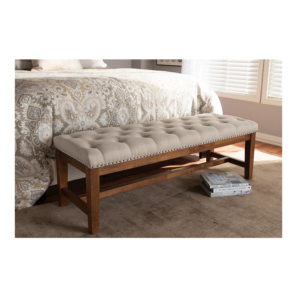 Light Beige Fabric Upholstered Walnut Finished Solid Rubberwood Bench