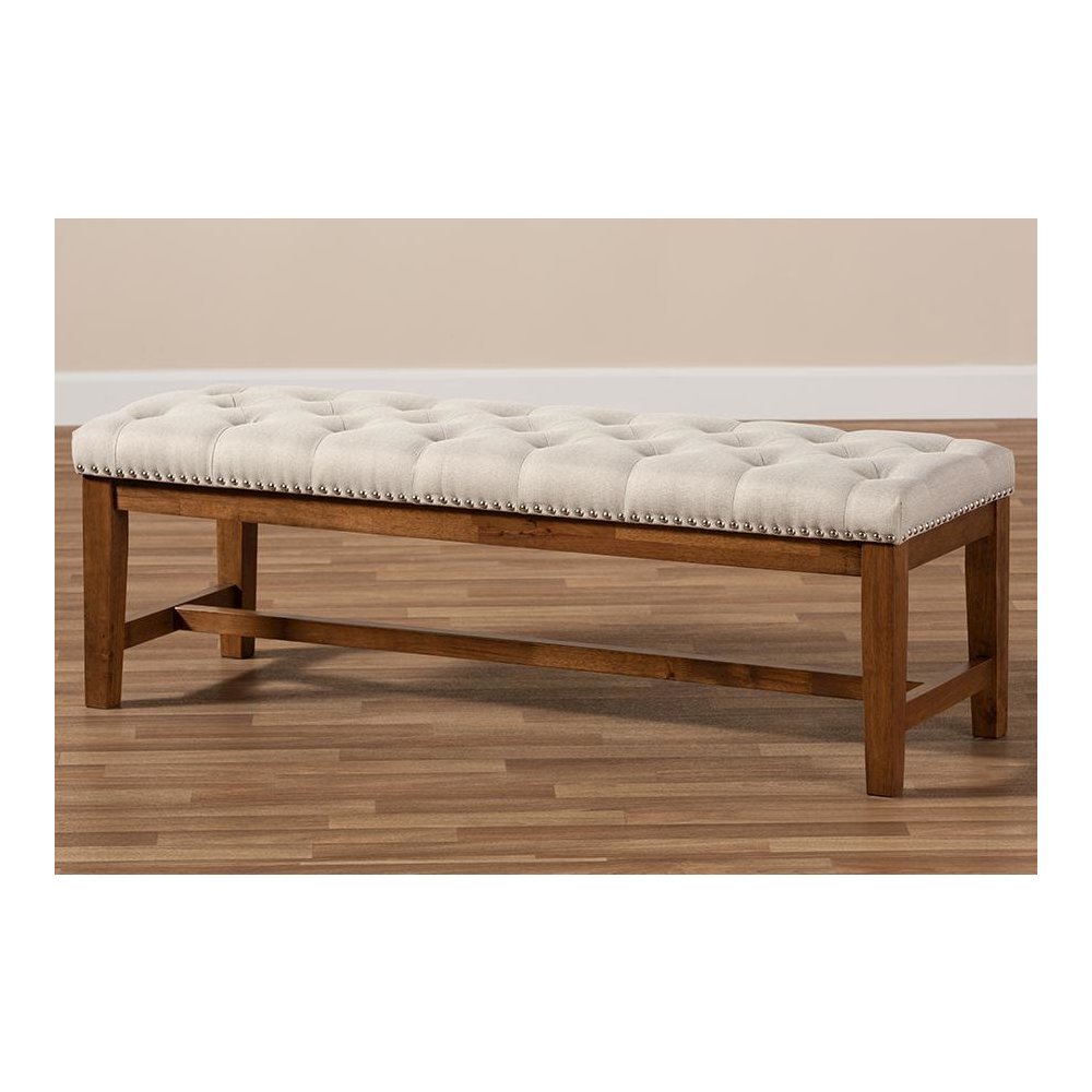 Light Beige Fabric Upholstered Walnut Finished Solid Rubberwood Bench