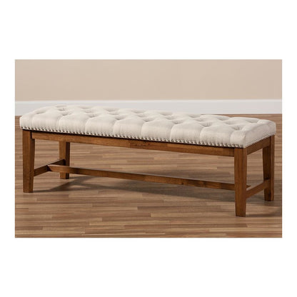 Light Beige Fabric Upholstered Walnut Finished Solid Rubberwood Bench