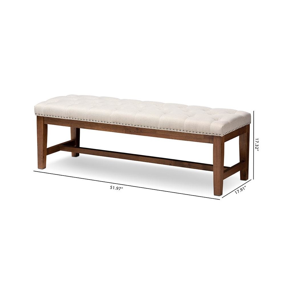 Light Beige Fabric Upholstered Walnut Finished Solid Rubberwood Bench