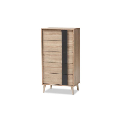 Baxton Studio Lisen Mid-Century Modern Light Oak and Grey 5-Drawer Chest