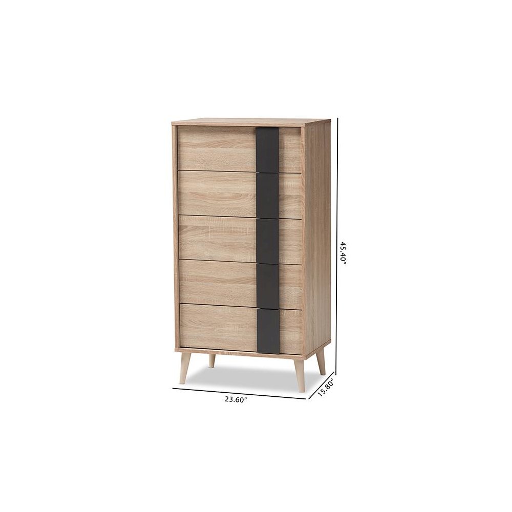 Baxton Studio Lisen Mid-Century Modern Light Oak and Grey 5-Drawer Chest