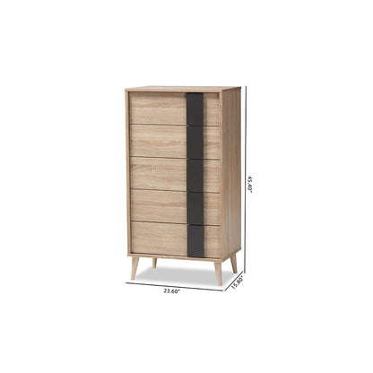 Baxton Studio Lisen Mid-Century Modern Light Oak and Grey 5-Drawer Chest