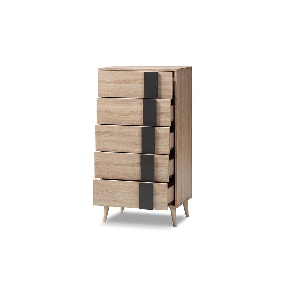 Baxton Studio Lisen Mid-Century Modern Light Oak and Grey 5-Drawer Chest