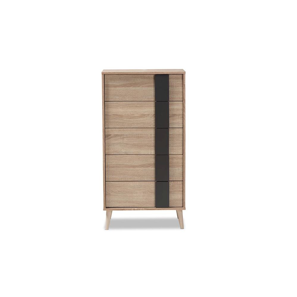 Baxton Studio Lisen Mid-Century Modern Light Oak and Grey 5-Drawer Chest