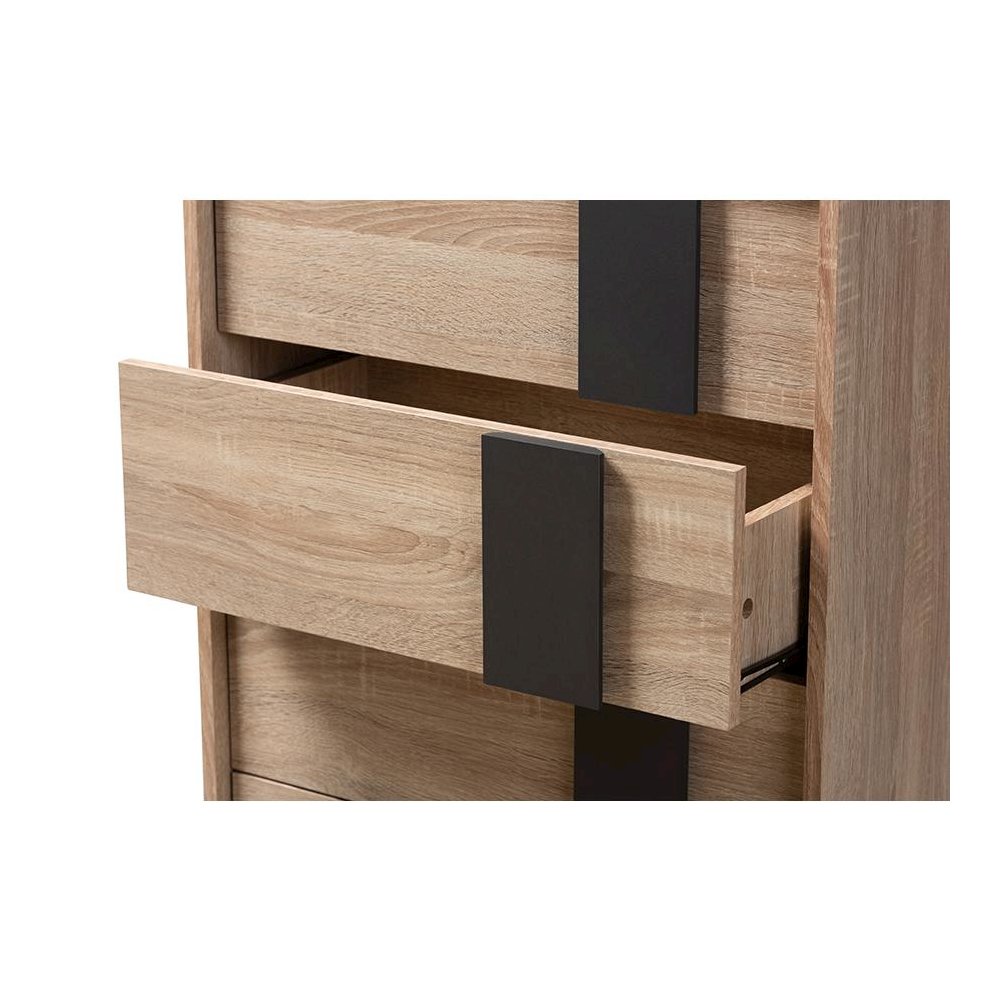 Baxton Studio Lisen Mid-Century Modern Light Oak and Grey 5-Drawer Chest
