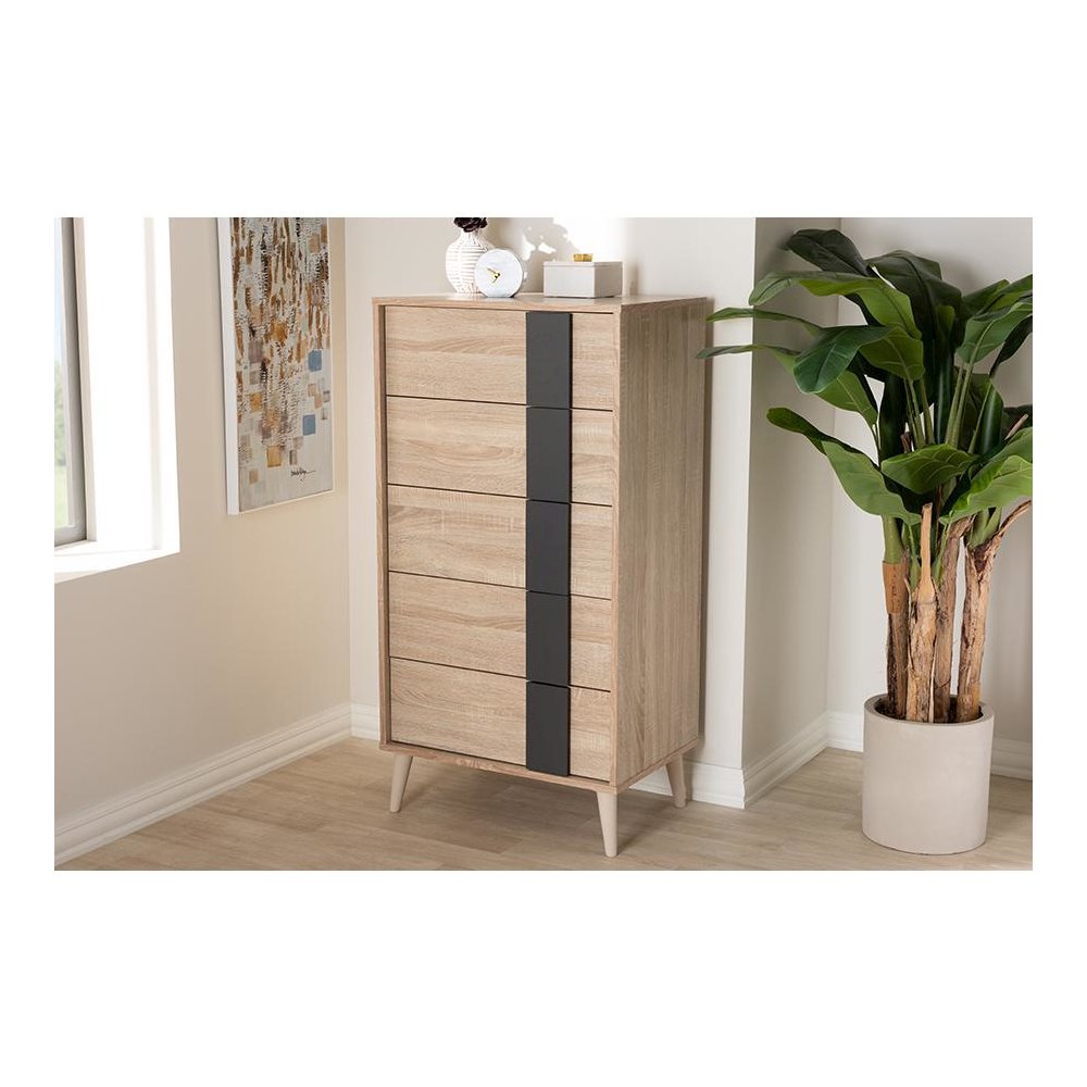 Baxton Studio Lisen Mid-Century Modern Light Oak and Grey 5-Drawer Chest