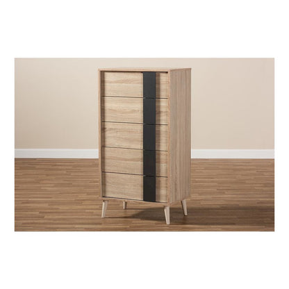 Baxton Studio Lisen Mid-Century Modern Light Oak and Grey 5-Drawer Chest