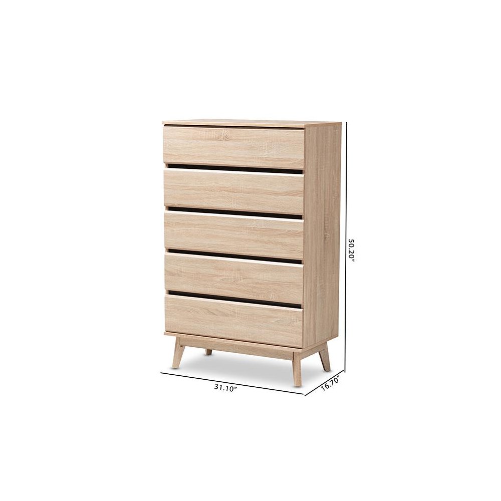 Baxton Studio Miren Mid-Century Modern Light Oak and Dark Grey 5-Drawer Chest