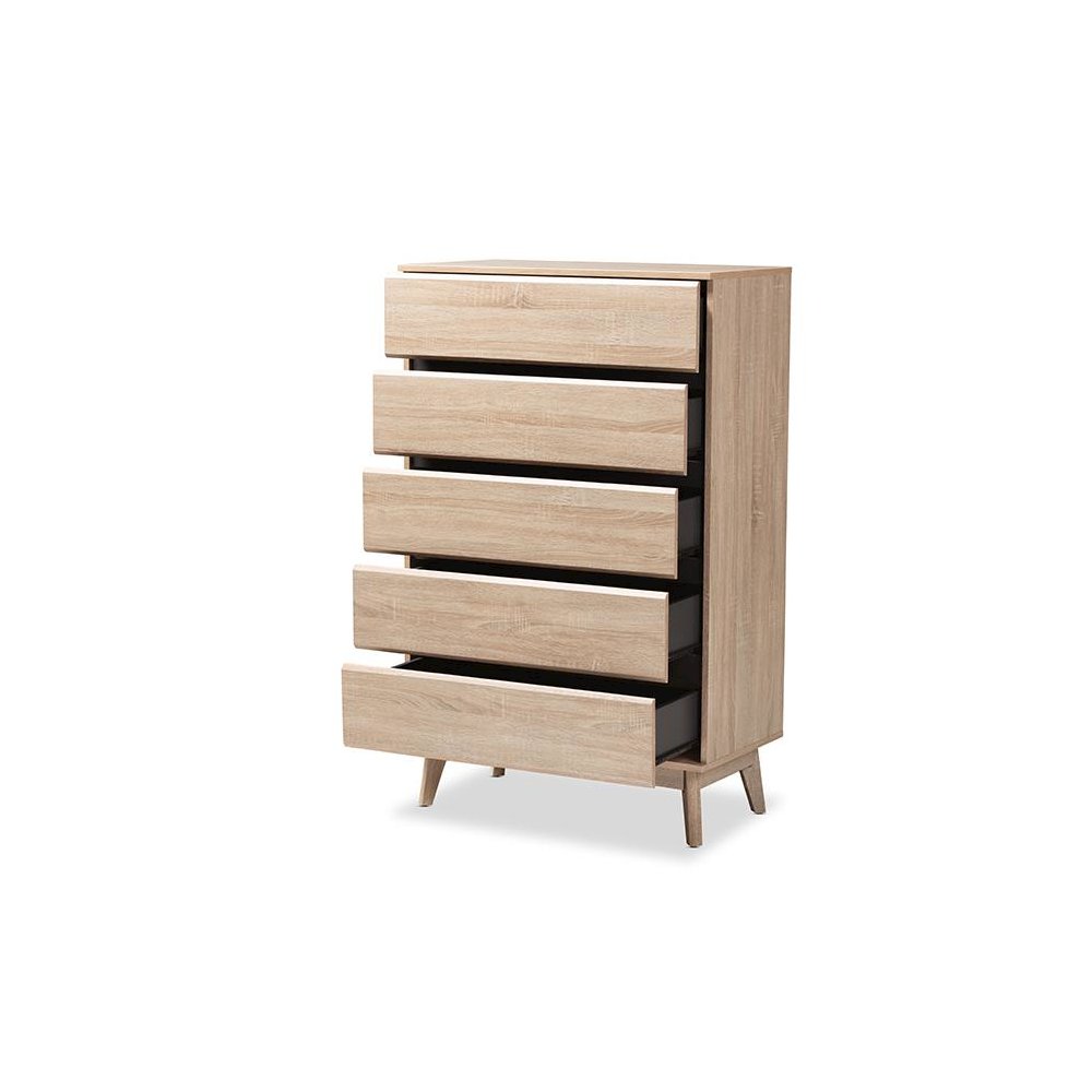 Baxton Studio Miren Mid-Century Modern Light Oak and Dark Grey 5-Drawer Chest