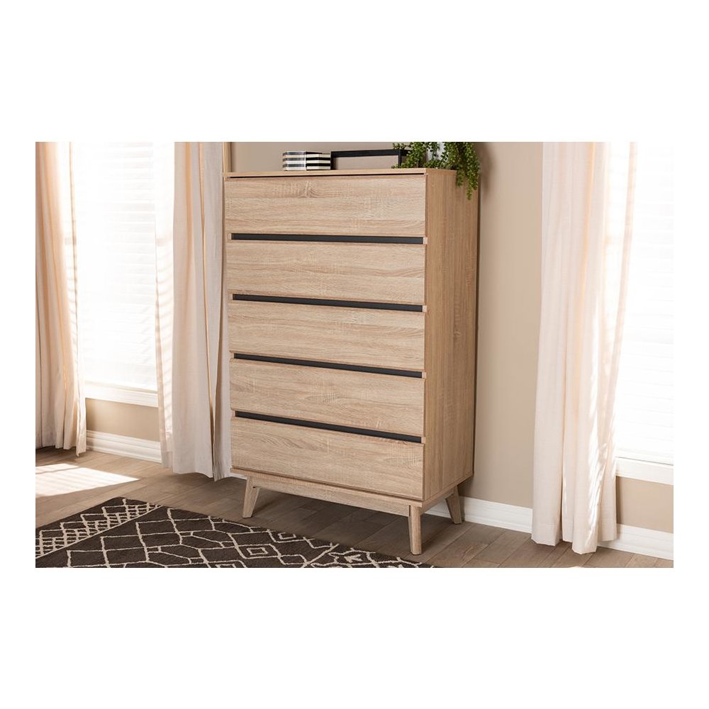 Baxton Studio Miren Mid-Century Modern Light Oak and Dark Grey 5-Drawer Chest