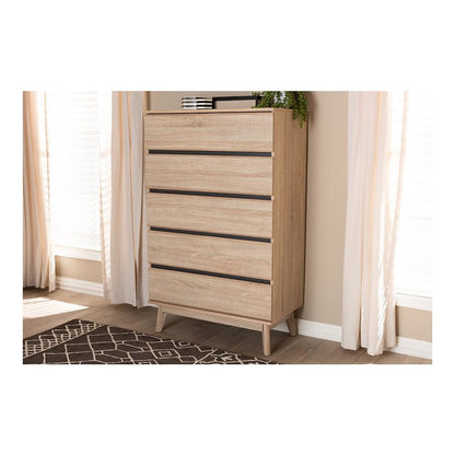 Baxton Studio Miren Mid-Century Modern Light Oak and Dark Grey 5-Drawer Chest