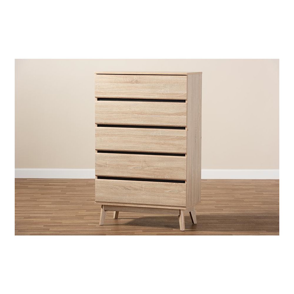Baxton Studio Miren Mid-Century Modern Light Oak and Dark Grey 5-Drawer Chest