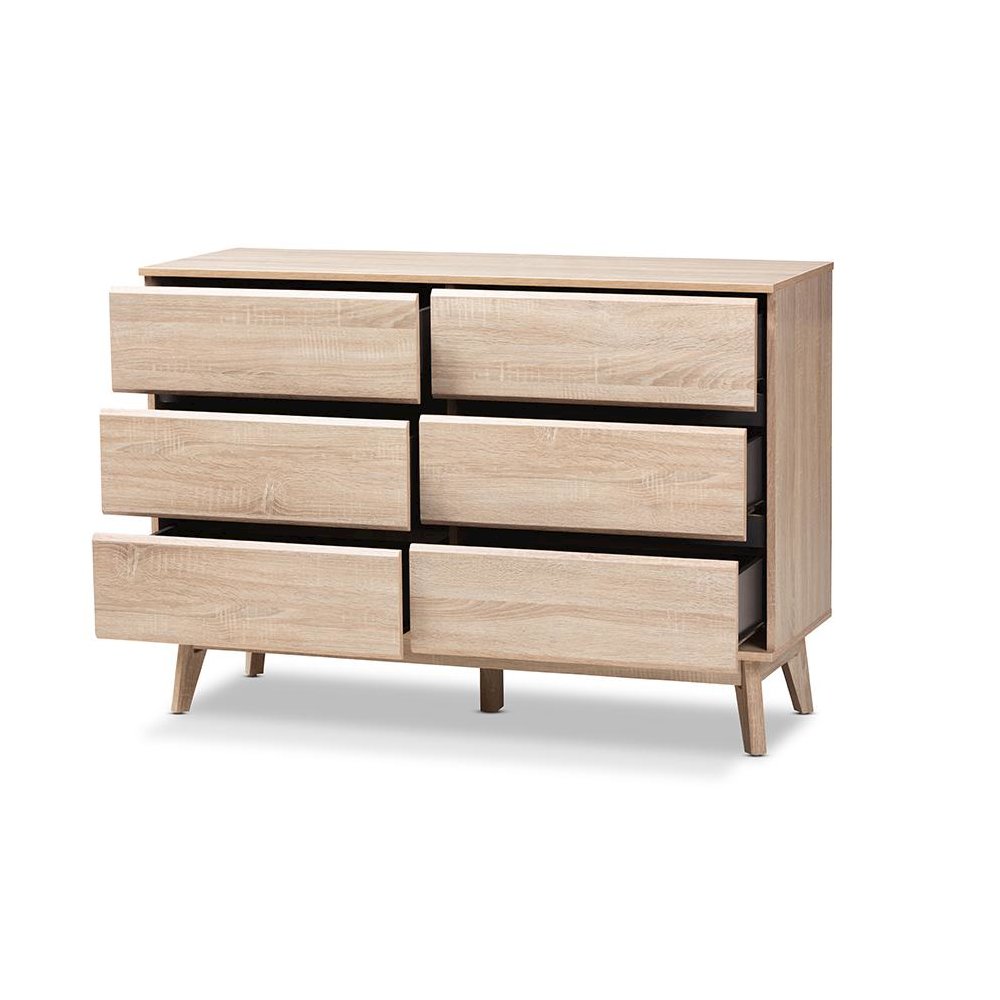 Baxton Studio Miren Mid-Century Modern Light Oak and Dark Grey 6-Drawer Dresser
