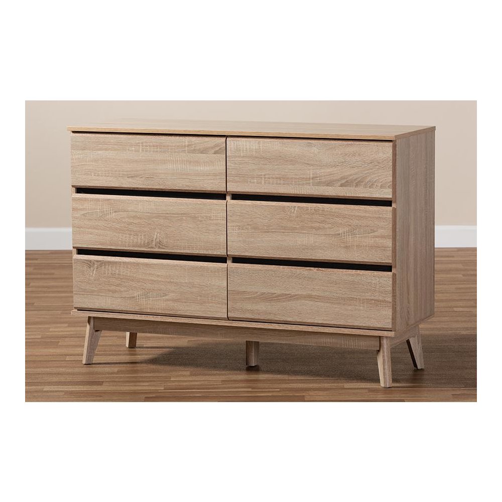 Baxton Studio Miren Mid-Century Modern Light Oak and Dark Grey 6-Drawer Dresser
