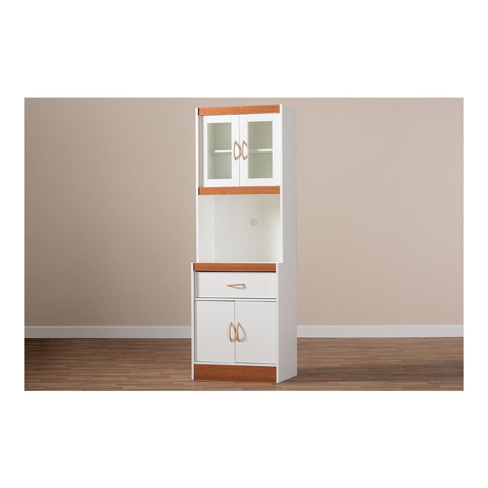 White and Cherry Finished Kitchen Cabinet and Hutch