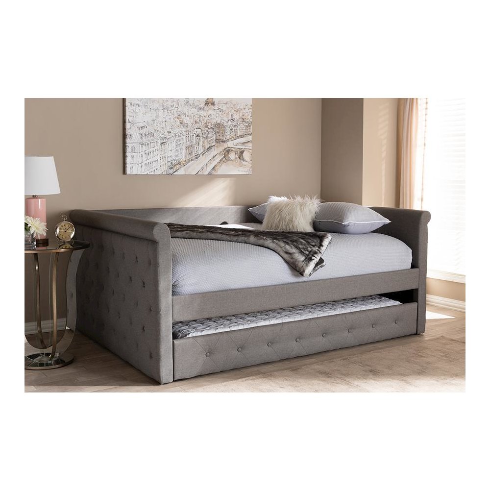 Grey Fabric Upholstered Full Size Daybed with Trundle