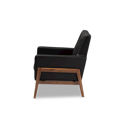 Leather Upholstered Walnut Wood Lounge Chair