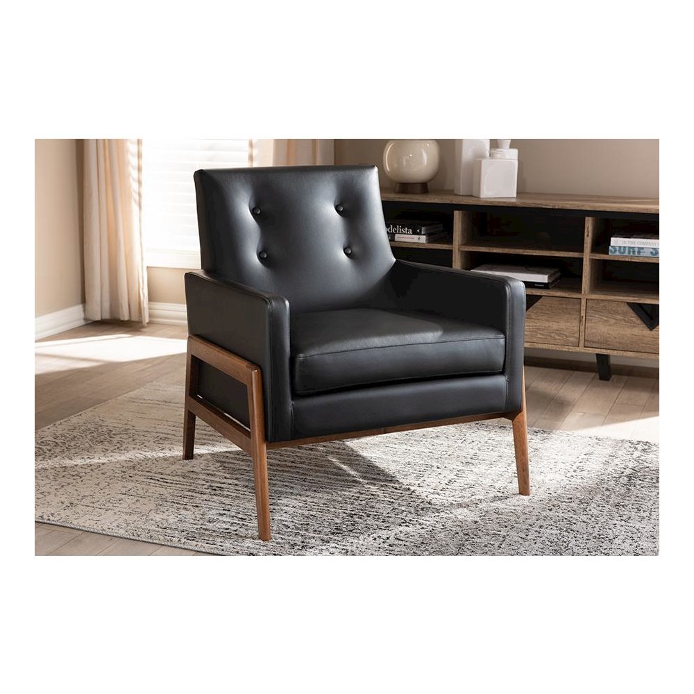 Leather Upholstered Walnut Wood Lounge Chair