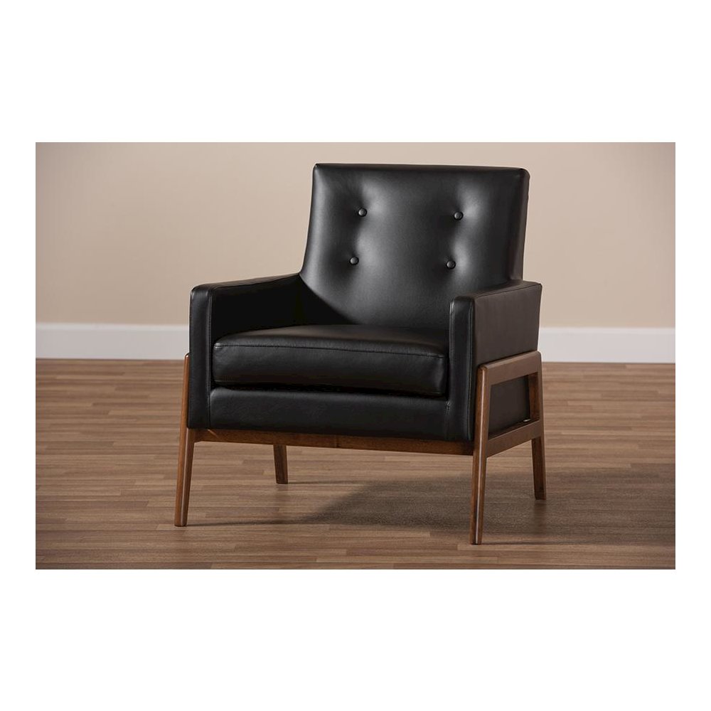 Leather Upholstered Walnut Wood Lounge Chair