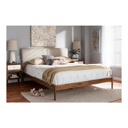 Beige Fabric Upholstered Walnut Finished Full Size Platform Bed