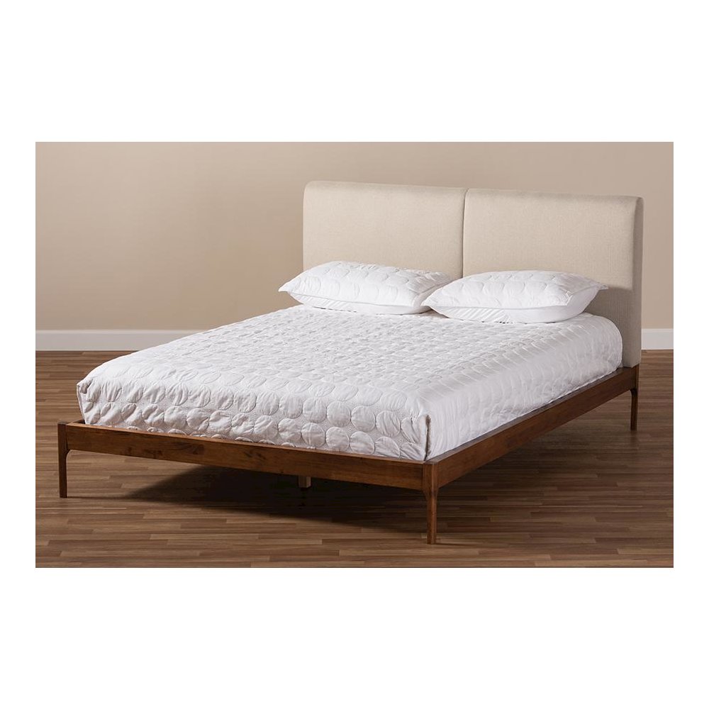 Beige Fabric Upholstered Walnut Finished Full Size Platform Bed