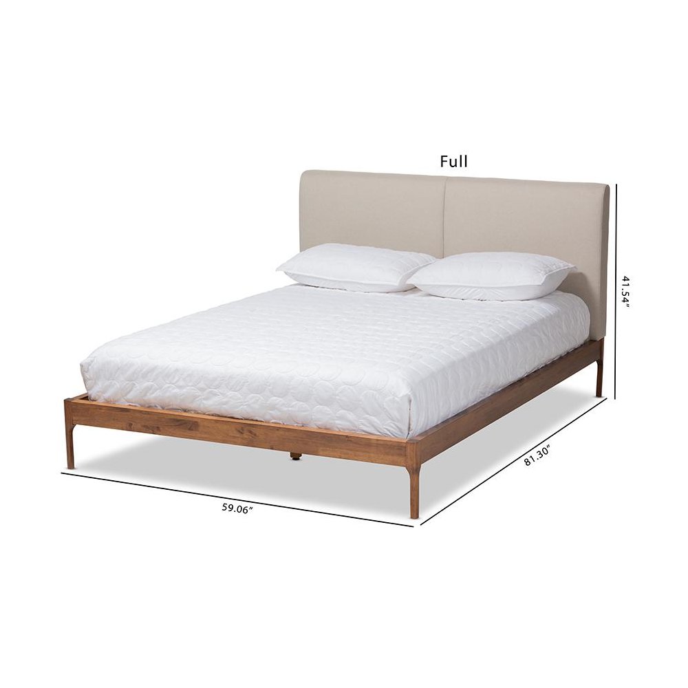 Beige Fabric Upholstered Walnut Finished Full Size Platform Bed