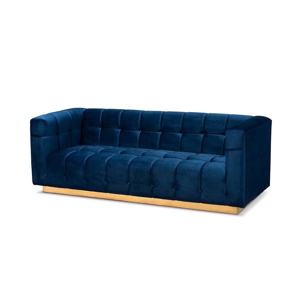 Luxe Navy Blue Velvet Fabric Upholstered Brushed Gold Finished Sofa
