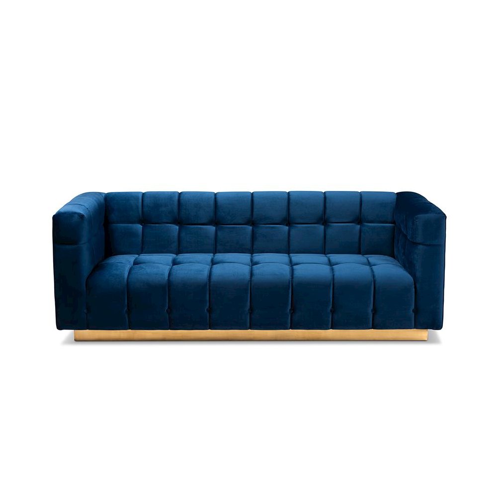 Luxe Navy Blue Velvet Fabric Upholstered Brushed Gold Finished Sofa