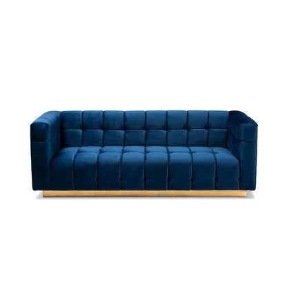 Luxe Navy Blue Velvet Fabric Upholstered Brushed Gold Finished Sofa