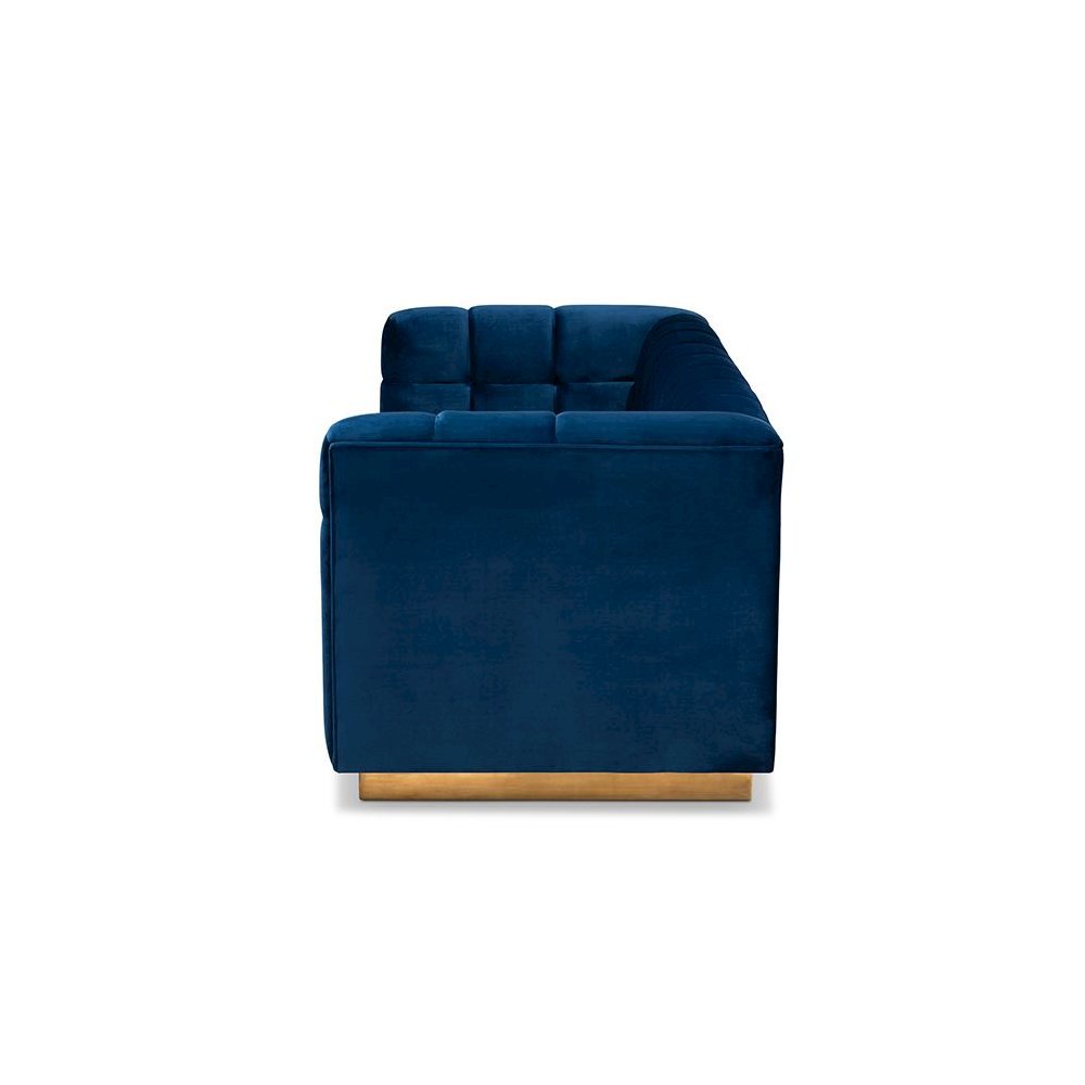 Luxe Navy Blue Velvet Fabric Upholstered Brushed Gold Finished Sofa