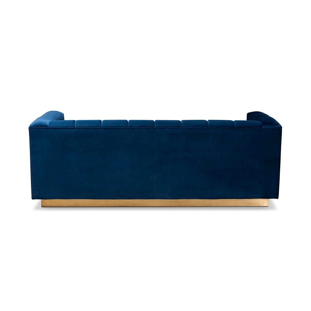 Luxe Navy Blue Velvet Fabric Upholstered Brushed Gold Finished Sofa