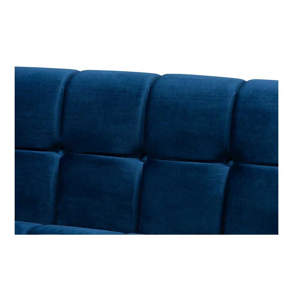 Luxe Navy Blue Velvet Fabric Upholstered Brushed Gold Finished Sofa