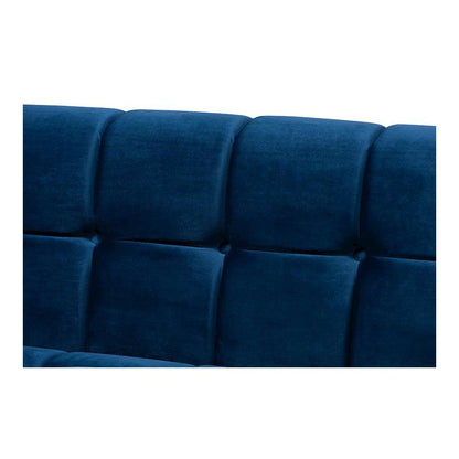 Luxe Navy Blue Velvet Fabric Upholstered Brushed Gold Finished Sofa