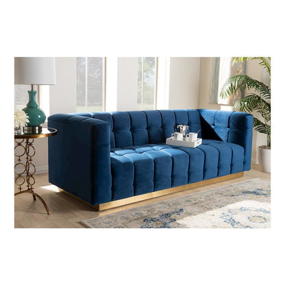 Luxe Navy Blue Velvet Fabric Upholstered Brushed Gold Finished Sofa
