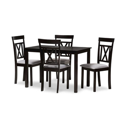 Espresso Brown Finished and Grey Fabric Upholstered 5-Piece Dining Set