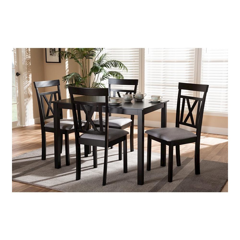 Espresso Brown Finished and Grey Fabric Upholstered 5-Piece Dining Set