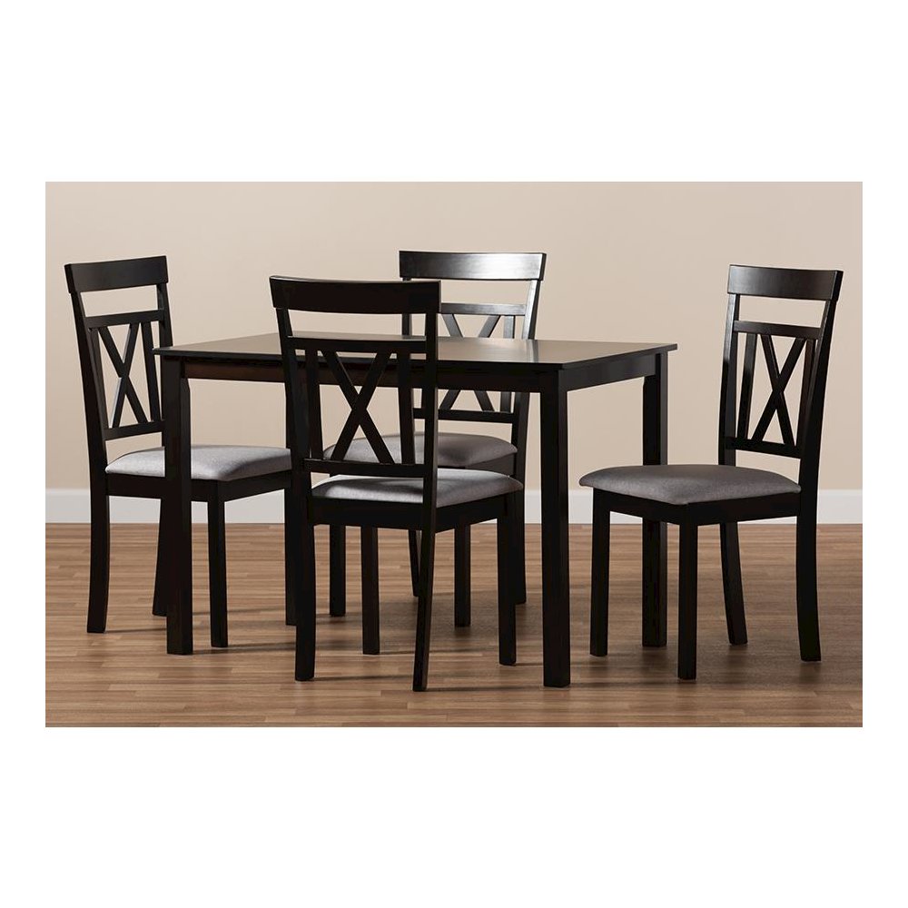 Espresso Brown Finished and Grey Fabric Upholstered 5-Piece Dining Set