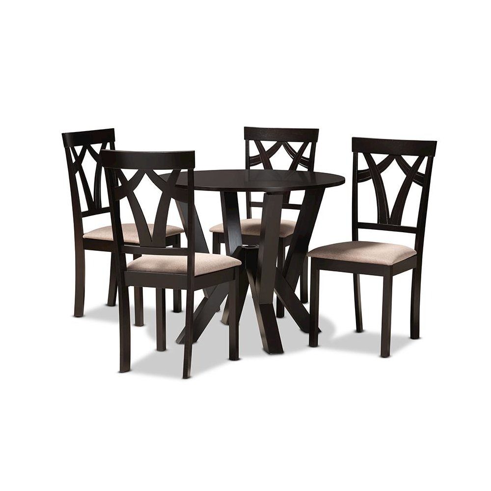 Sand Fabric Upholstered and Dark Brown Finished Wood 5-Piece Dining Set