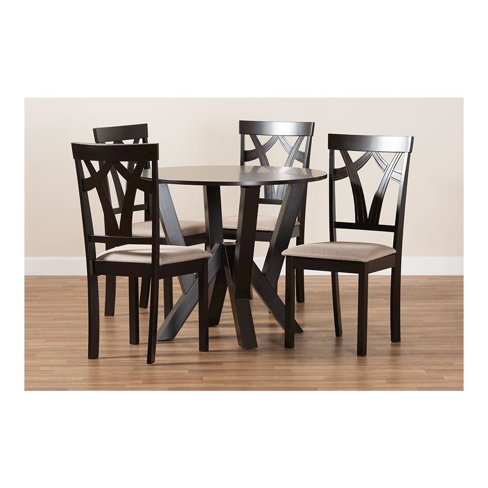 Sand Fabric Upholstered and Dark Brown Finished Wood 5-Piece Dining Set